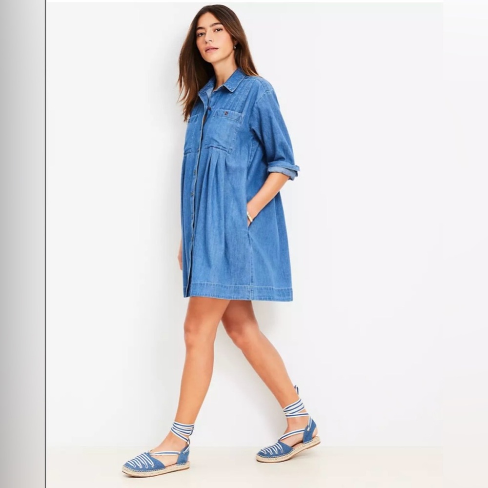 LOFT Petite Chambray Pleated Mini Pocket Dress in Medium Blue, size XSP